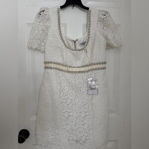 Self Portrait Dress White Lace With Pearls Short Sleeve New Size 8